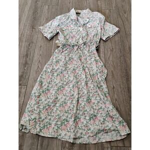 VTG Stuart Alan Floral Shirt Dress M Button Front Belted Midi Cottagecore 80 USA